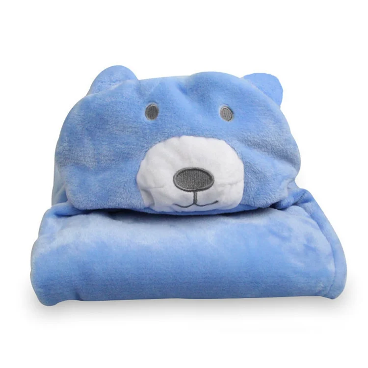 Blue animal hooded fleece baby blanket with a fox-shaped hood, folded and ready for packing