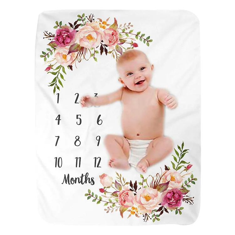 Pink flower blanket baby monthly milestone blanket, Size M, laid flat