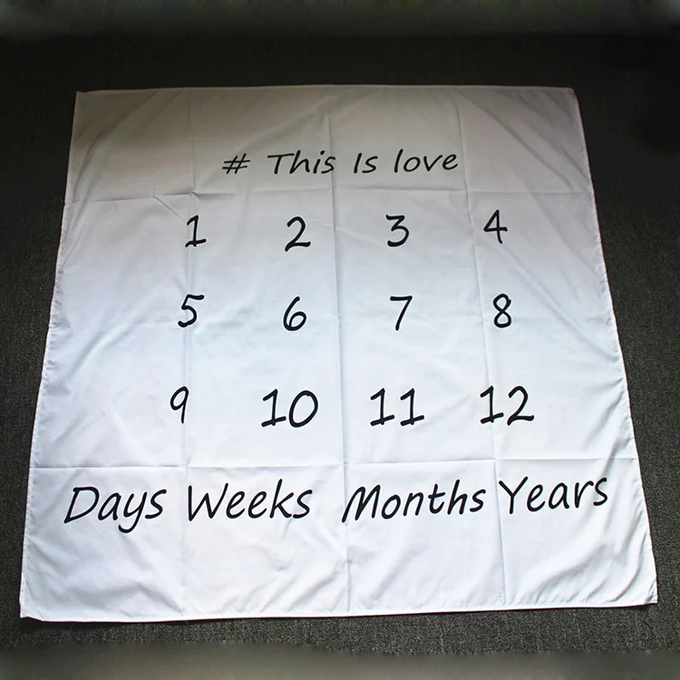 Baby milestone blanket placed on a white surface with a baby's hand reaching toward the corner