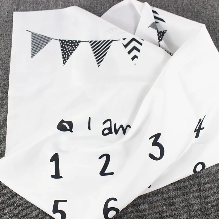 White milestone blanket with a baby's foot on it, used for growth tracking