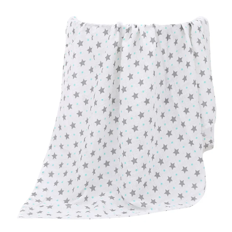 Blue floral muslin swaddle blanket folded in thirds