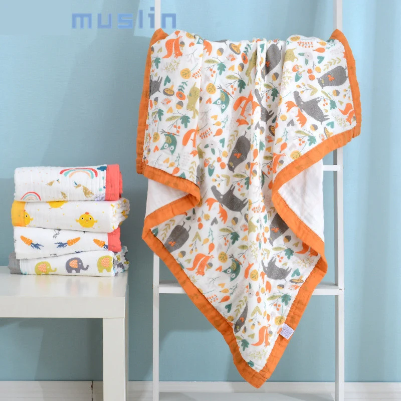 Pink 6-layer cotton baby bath towel with cartoon animal pattern, laid flat