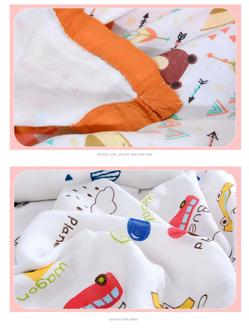 Grey 4-layer swaddle blanket with leaves pattern, displayed on a baby bed