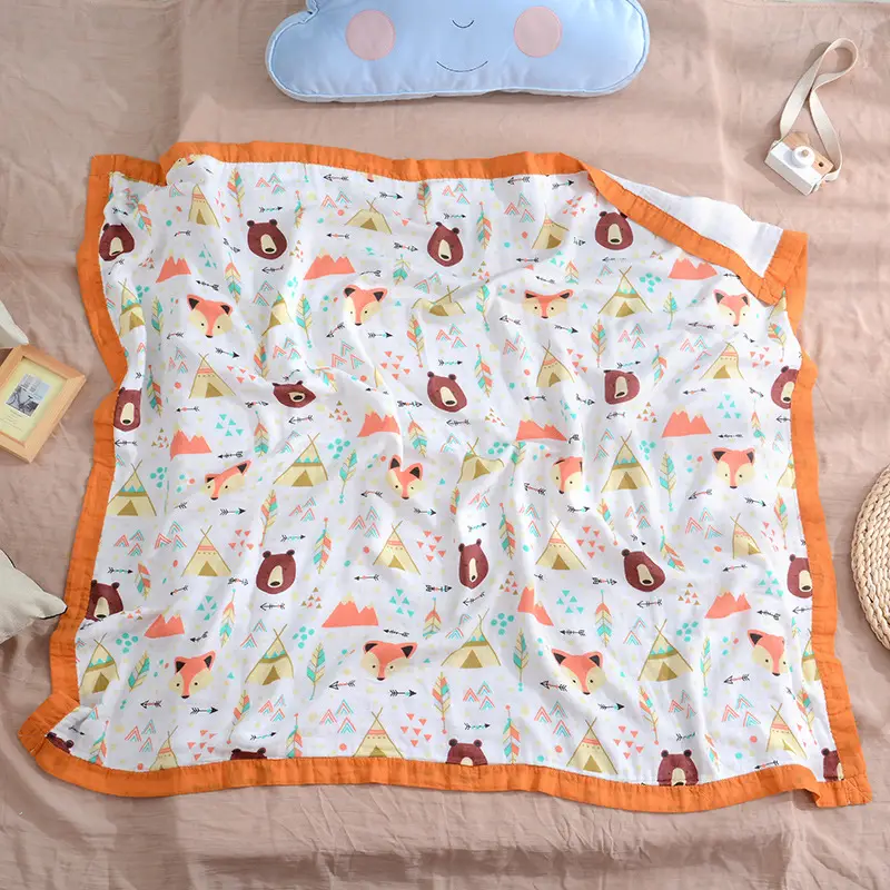 Brown 4-layer swaddle blanket with animal pattern, folded and placed in an OPP bag