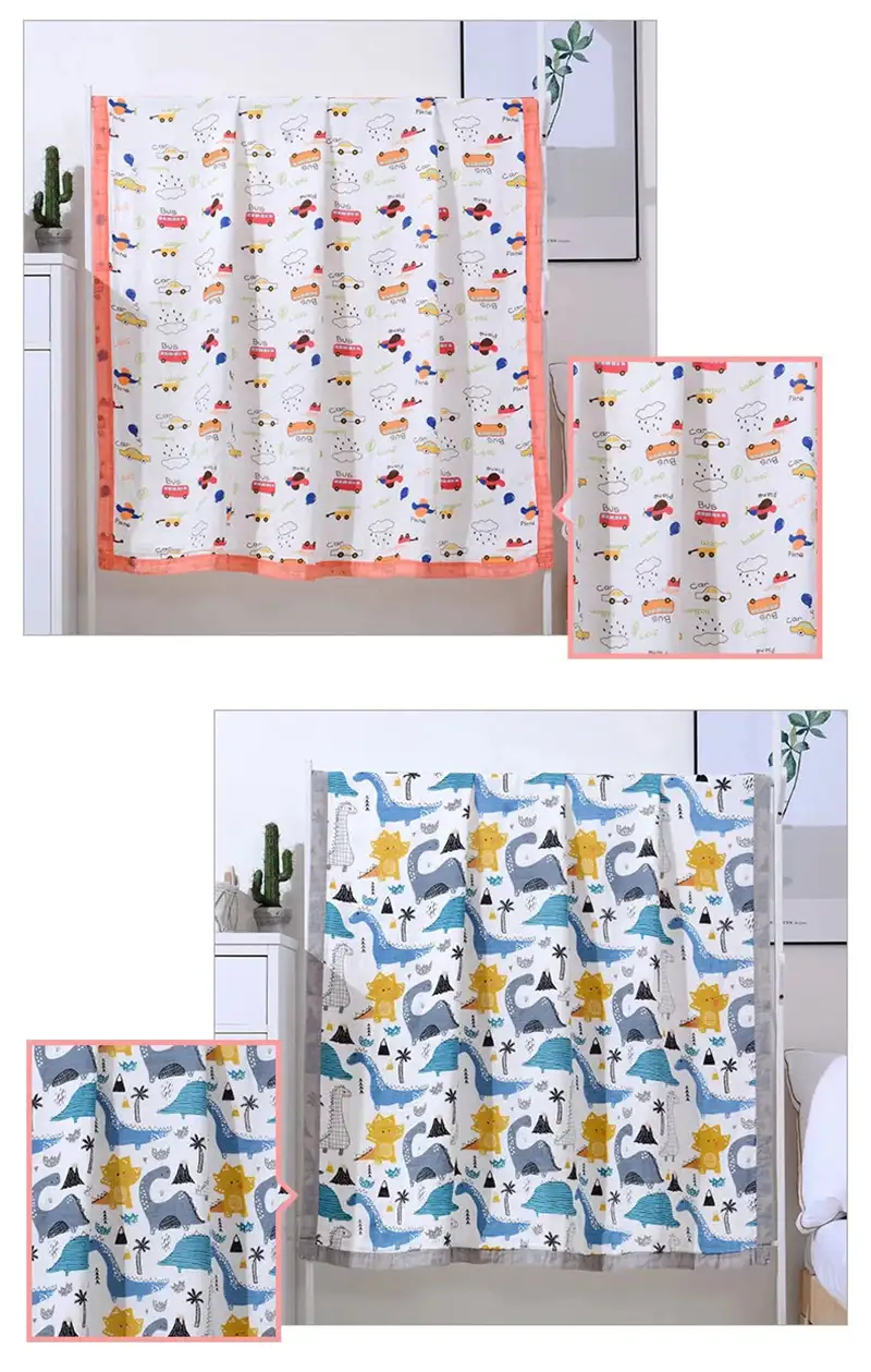Pink 4-layer swaddle blanket with cartoon animal pattern, shown in use on a stroller