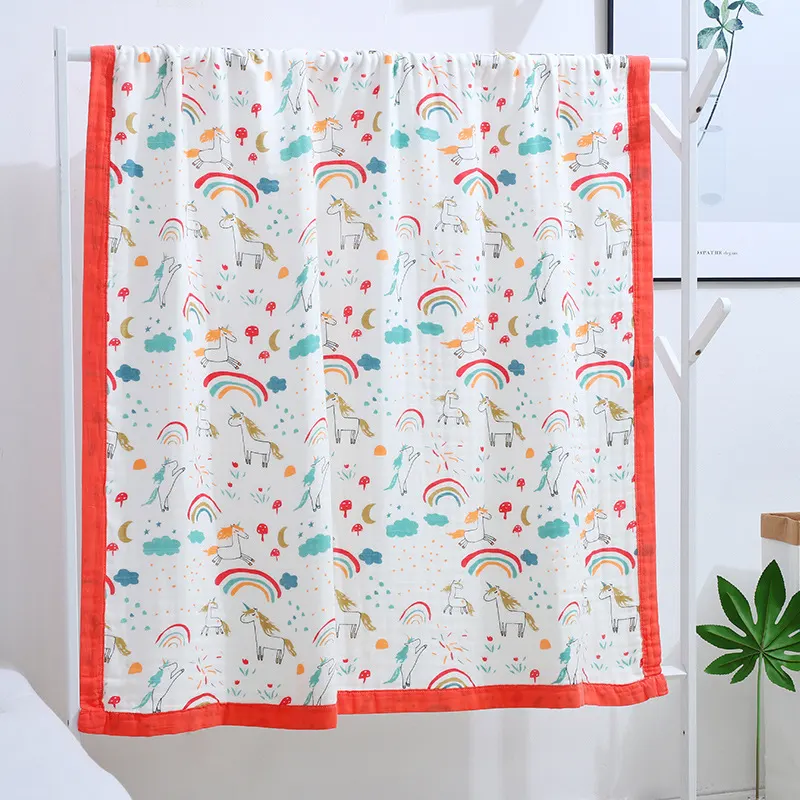 Yellow 4-layer swaddle blanket with floral pattern, open and spread out