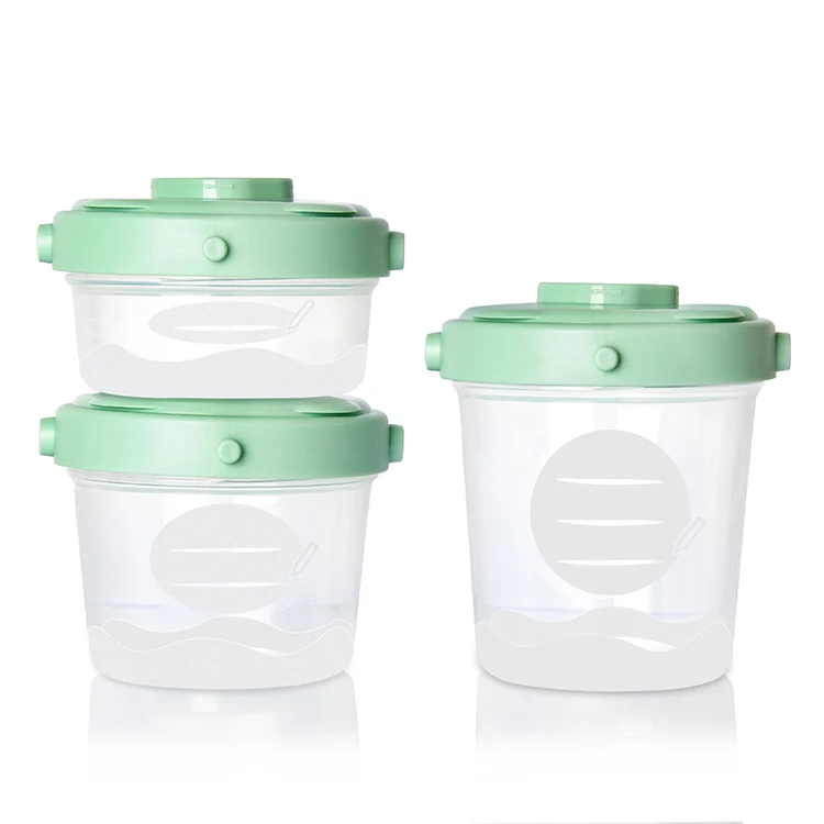 Three baby food storage containers in different sizes (60ml, 120ml, 200ml) standing upright