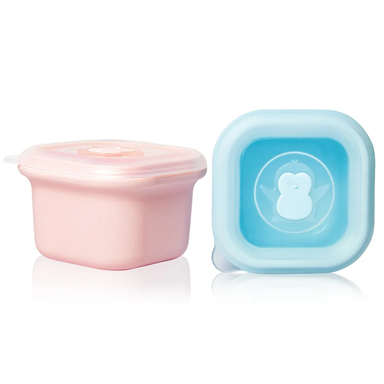 Pink and blue 200ml silicone baby food storage container with lid closed