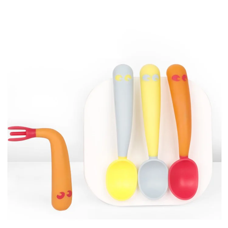 Blue orange yellow silicone bendable spoon and fork set in a PP storage box