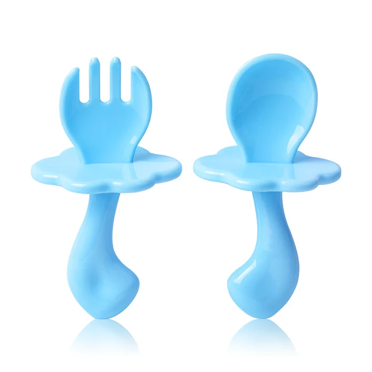Red baby feeding spoon and fork set with protective frog guard