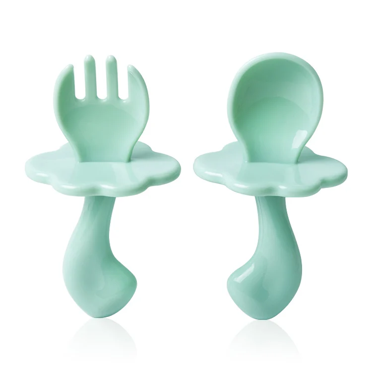 Blue baby feeding spoon and fork set with curved design