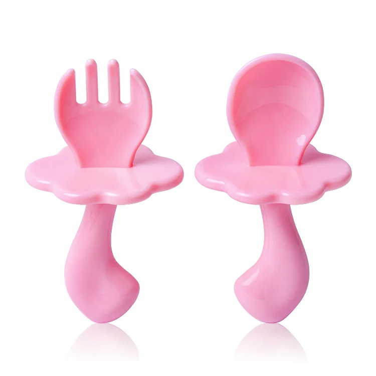 Light green baby feeding spoon and fork set with frog-shaped choke guard