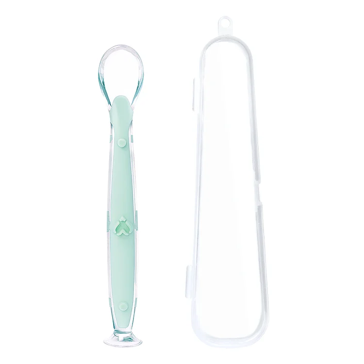 Green silicone feeding spoon with suction cup and non-slip handle