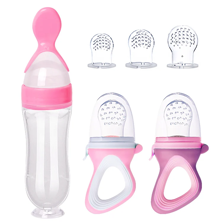 Blue silicone baby feeding set with two fruit pacifiers and a soft spoon