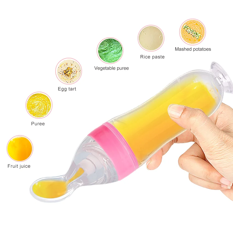 Silicone feeding bottle with mesh bag filled with fruit, showing small pieces passing through