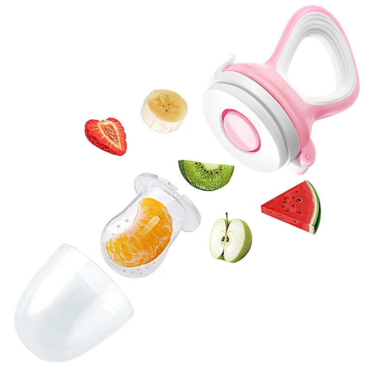 Silicone spoon and mesh pacifier separated from the bottle, highlighting soft texture