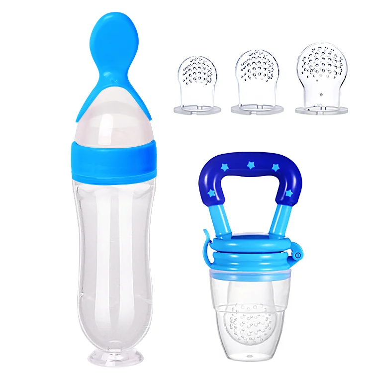 Blue silicone baby feeder with mesh bag and soft spoon, closed with snap lid