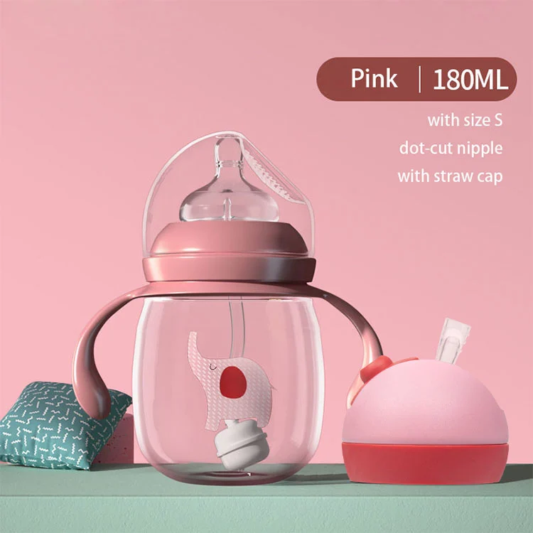 Pink 2-in-1 baby feeding bottle with rotating handle and straw cap removed, showing the internal straw