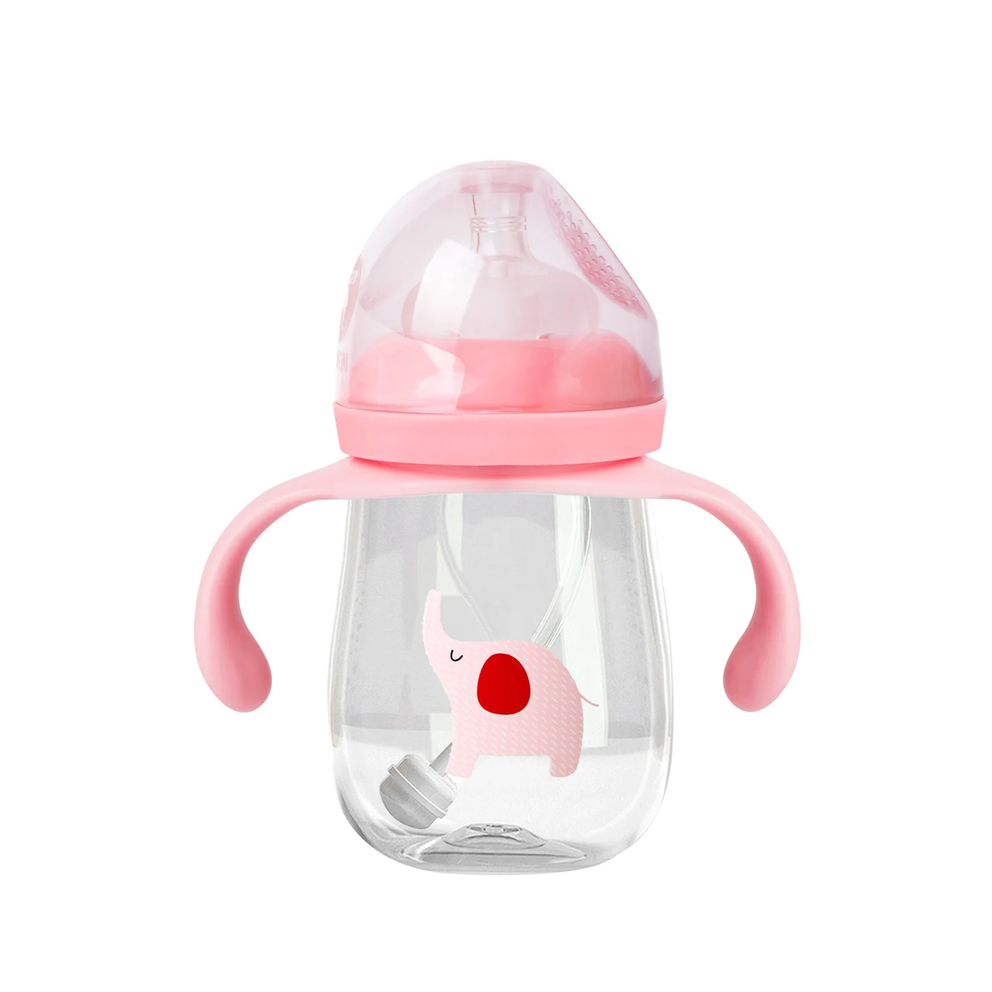 White 2-in-1 baby feeding bottle with rotating handle and straw cap on, viewed from front