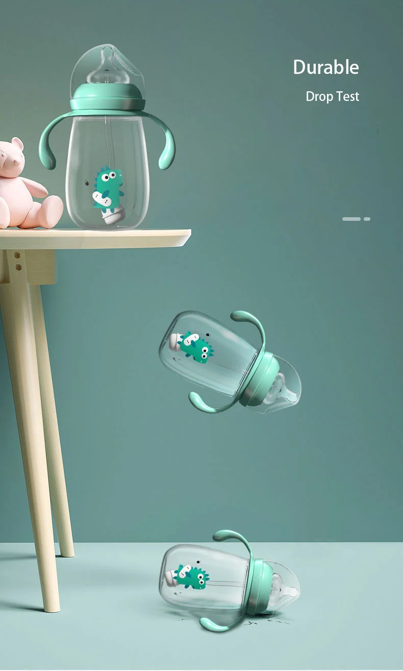 Baby feeding bottle with nipple and cap removed, showing internal straw group