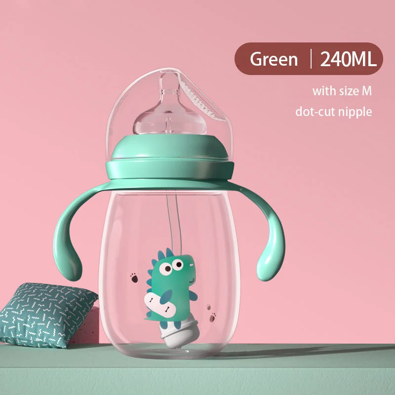Baby feeding bottle with rotating handle and wide neck, standing upright