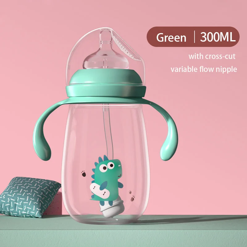 Baby feeding bottle with handle rotated to show ergonomic grip