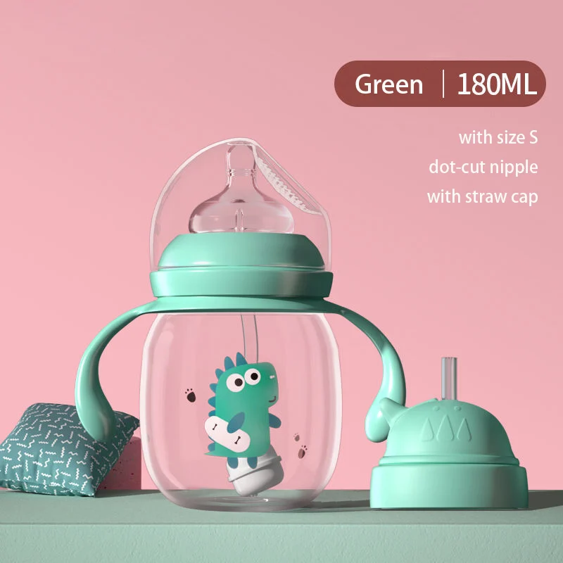 Baby feeding bottle with dot-cut nipple size S and drinking cap in place