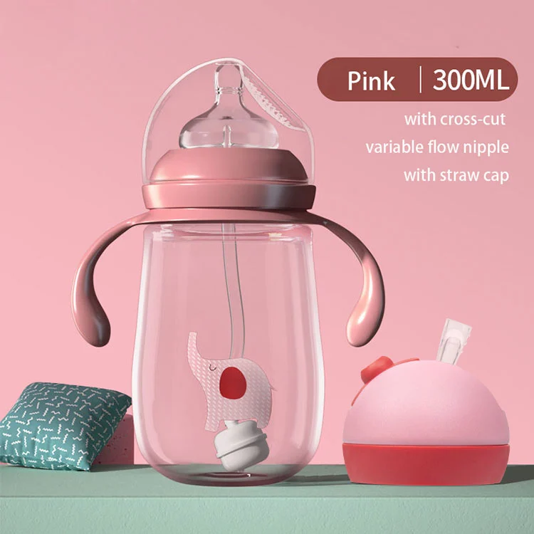 Bottle with straw cap in place, filled with liquid, showing the weighted straw