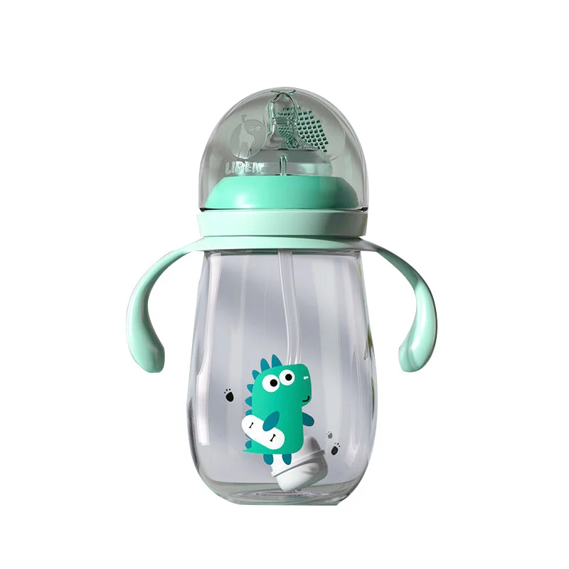 Blue cartoon-patterned baby feeding bottle with rotating handle and closed cap