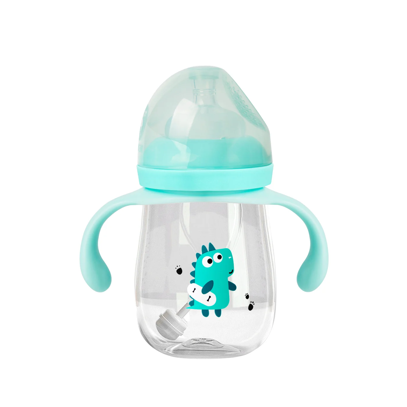Blue 2-in-1 baby feeding bottle with rotating handle, viewed from side