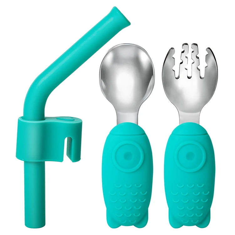Blue stainless steel baby utensil set with silicone handles and straw in a PP storage case