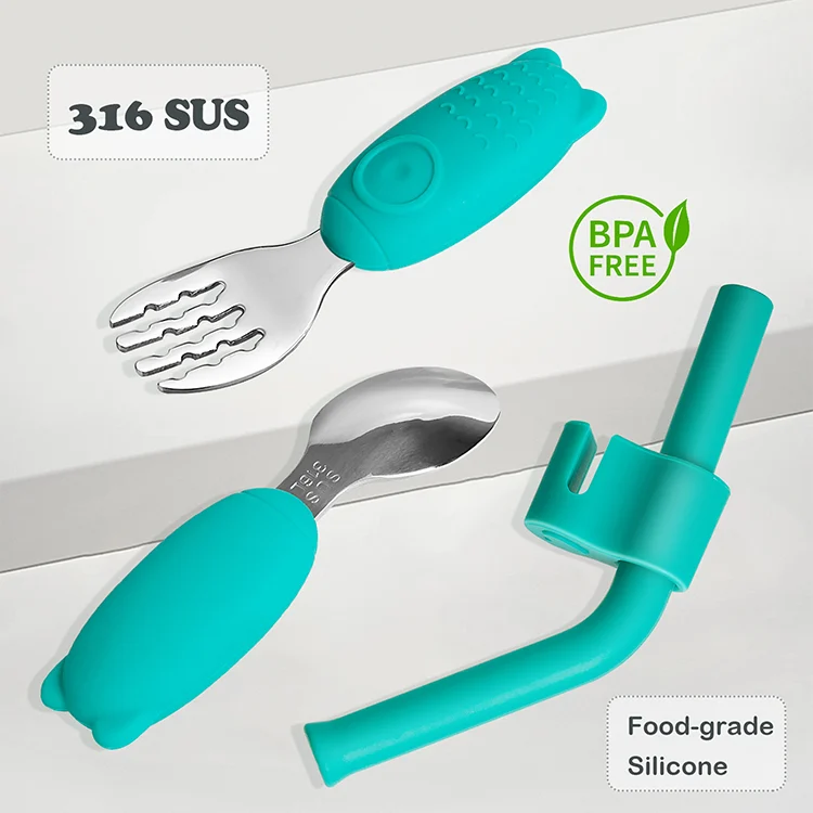Close-up of the blue spoon with silicone handle and rounded edge