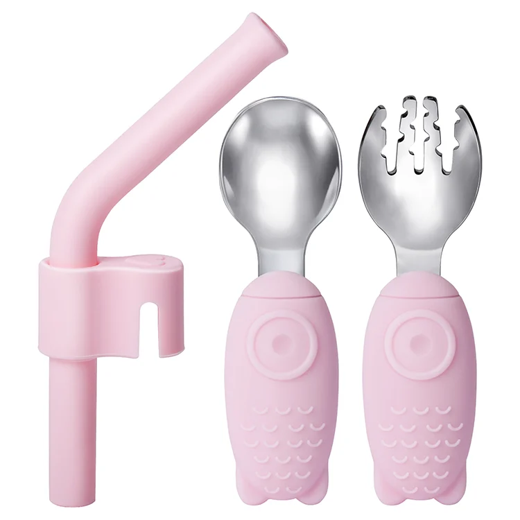 Pink stainless steel baby utensil set with silicone handles and straw in a PP storage case