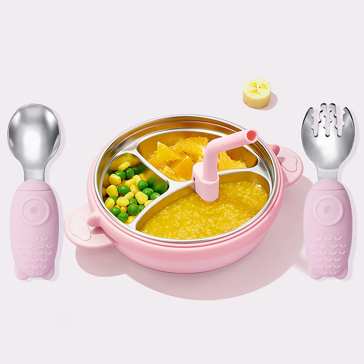 Pink utensil set laid out with spoon, fork, and straw separated