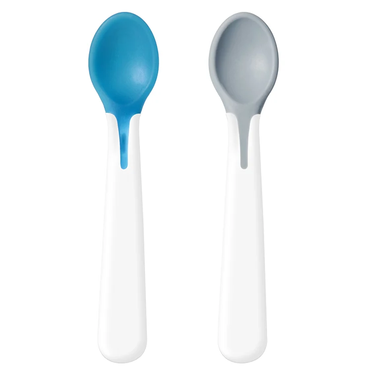Blue baby spoon and fork set with heat-sensitive tips in a travel storage box
