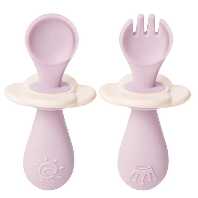Pink infant silicone fork and spoon set with detachable baffle and transparent PP case