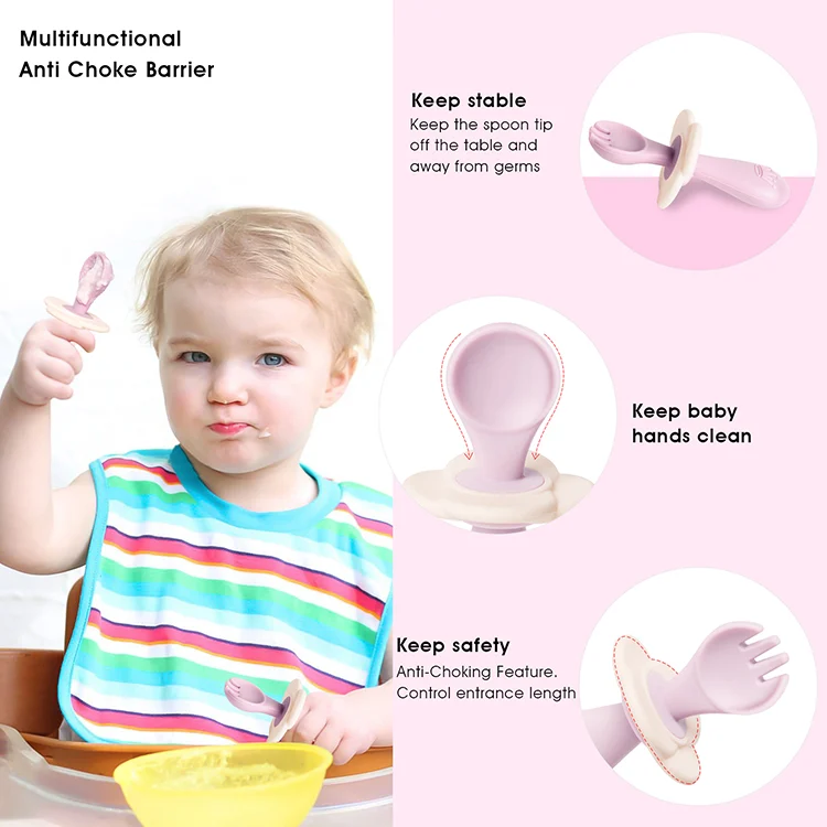 Pink fork and spoon set with baffle and case laid out on a white surface