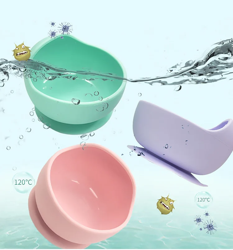 Pink silicone bowl with spoon, showing colour options