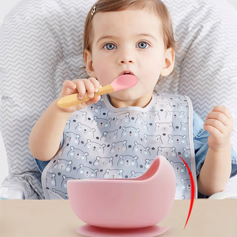 Brown silicone bowl with spoon, showing package size