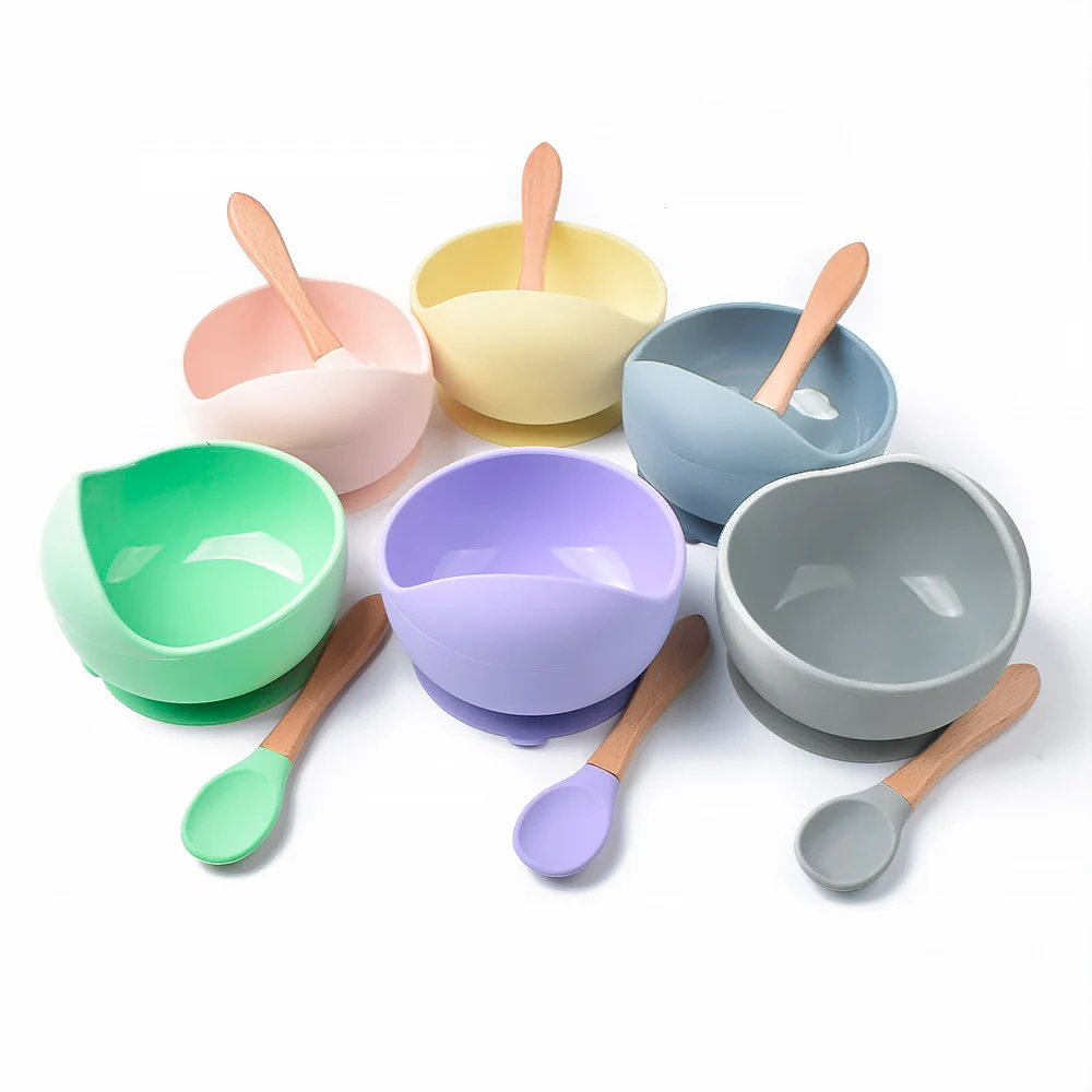 3-in-1 Silicone Kids Feeding Set Suction Bowl Silicon Baby Bib and Spoon