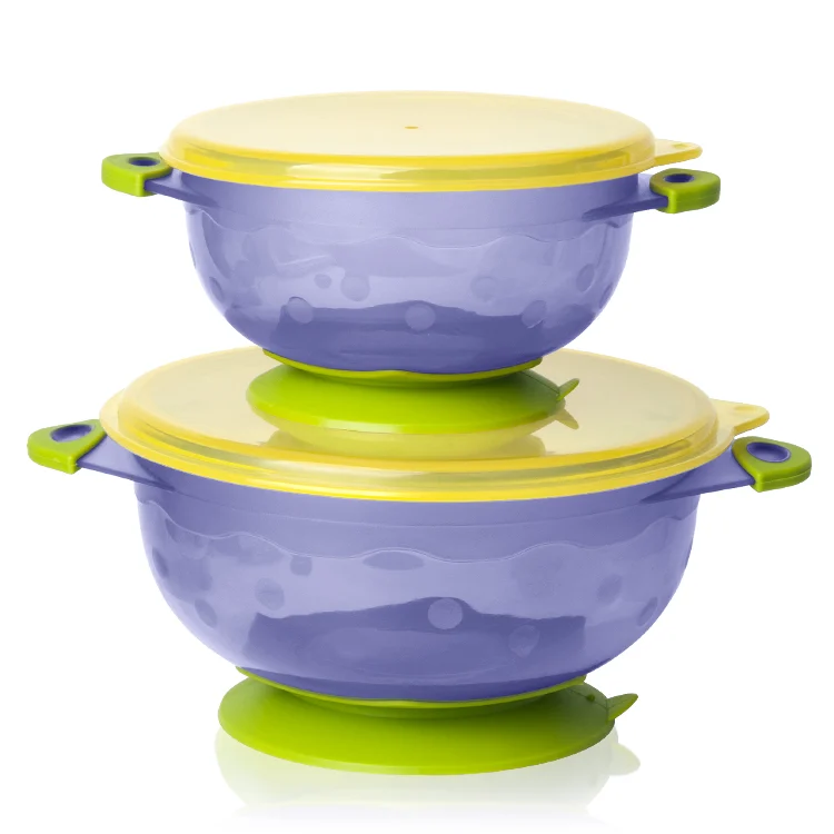 Purple 2-pack suction baby bowl set with small and large bowls on a table