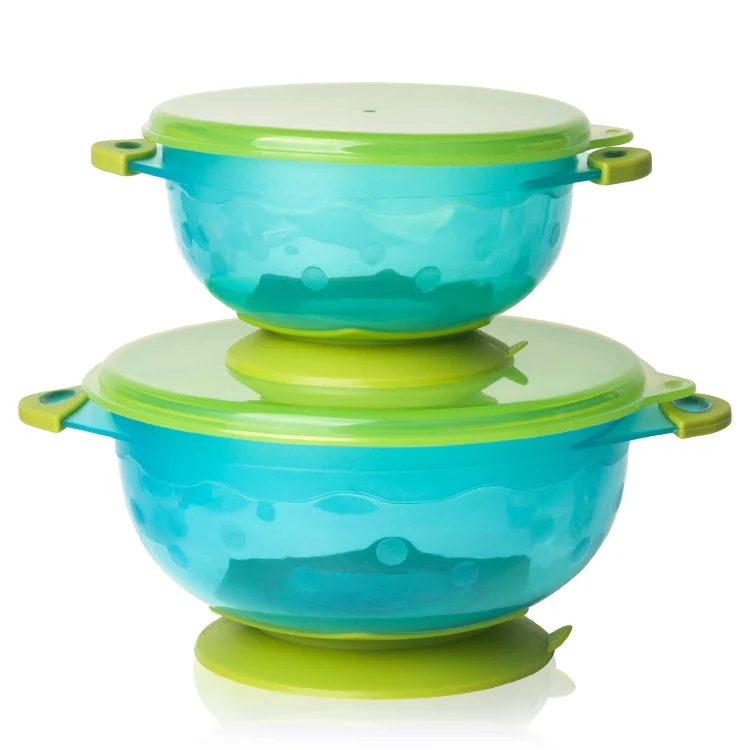 Blue 2-pack suction baby bowl set with both bowls standing upright