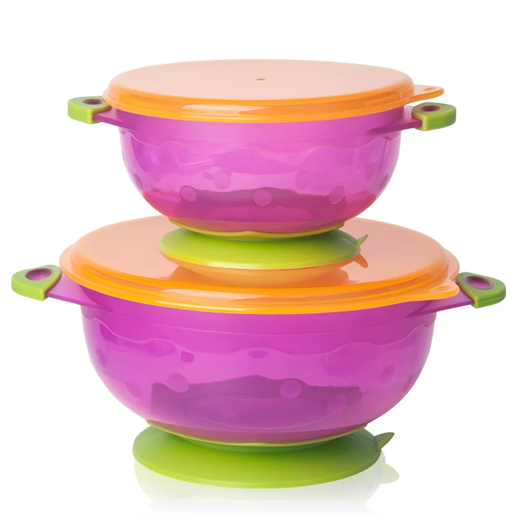 Pink 2-pack suction baby bowl set with the lid removed, showing the suction base