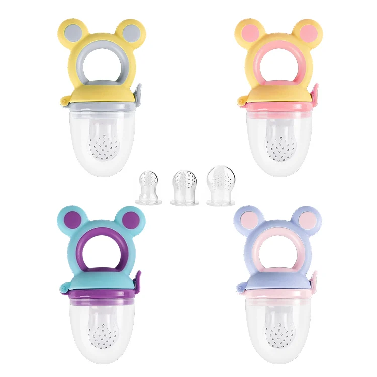 Silicone baby fruit food feeder pacifier with three nipples (S, M, L) in a zip bag