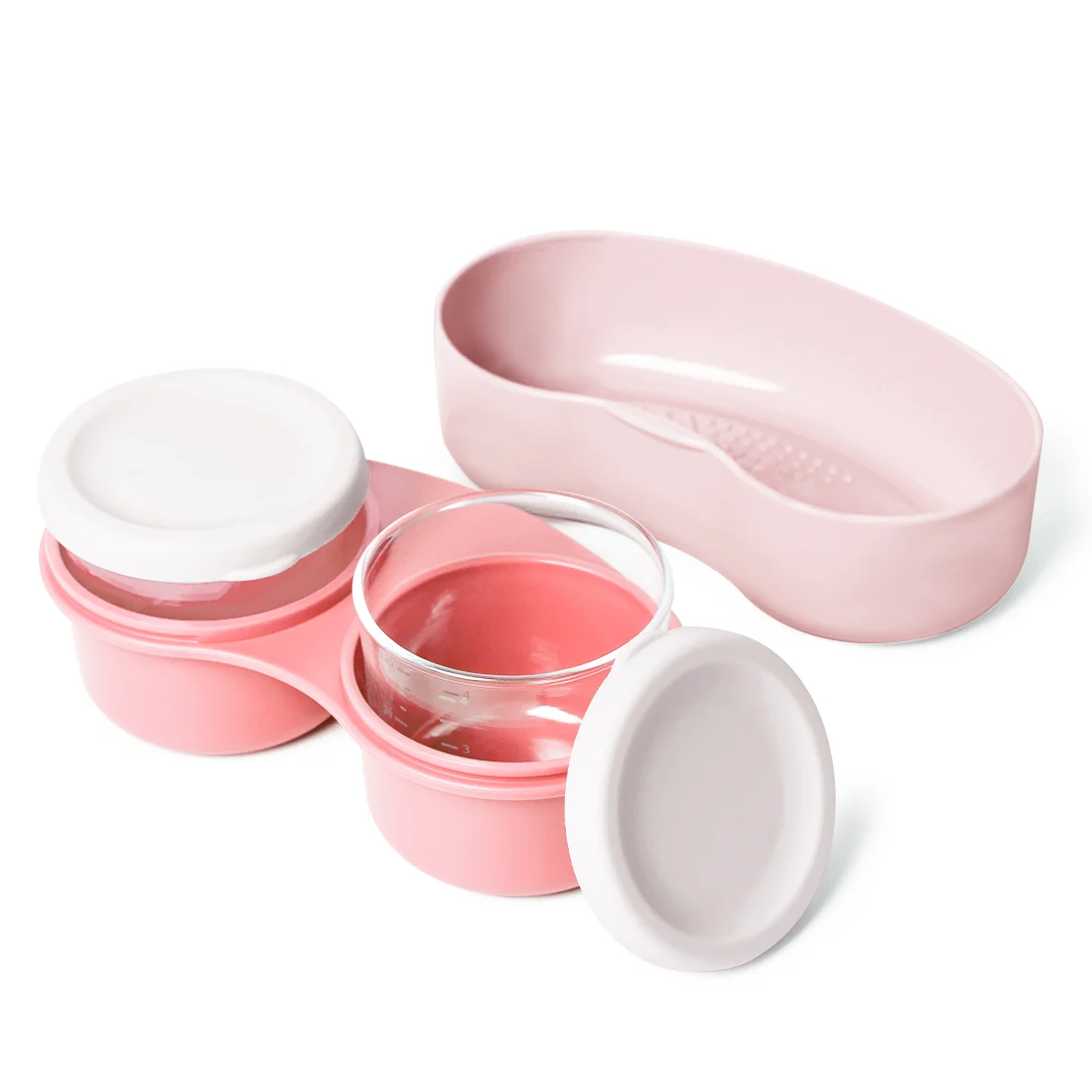 Two clear 120ml glass baby food containers standing upright with silicone lids and grinding spoons