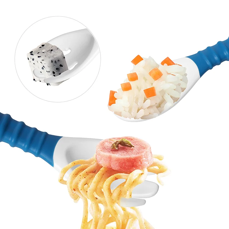 Spoon and fork set in use by a toddler at a table