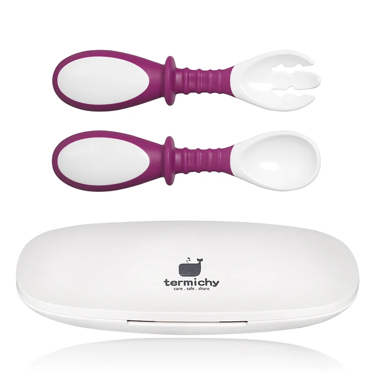 Blue bendable spoon and fork set laid flat with the storage case open