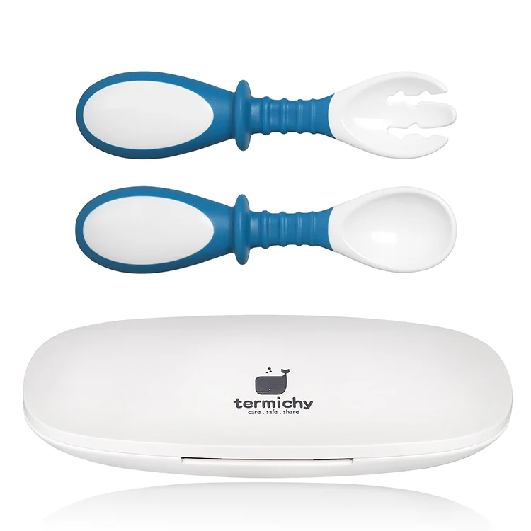 Pink bendable training spoon and fork set with storage case closed