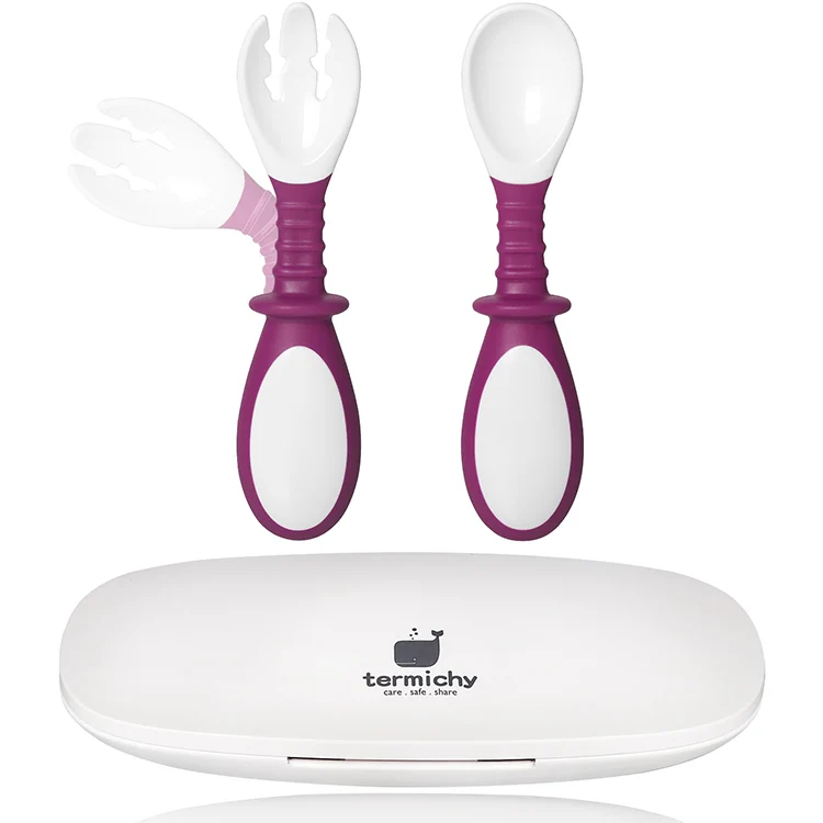 Green spoon and fork set with the bendable body shown at multiple angles