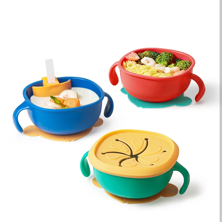 Blue 400ml baby feeding bowl with suction base and silicone petal cover
